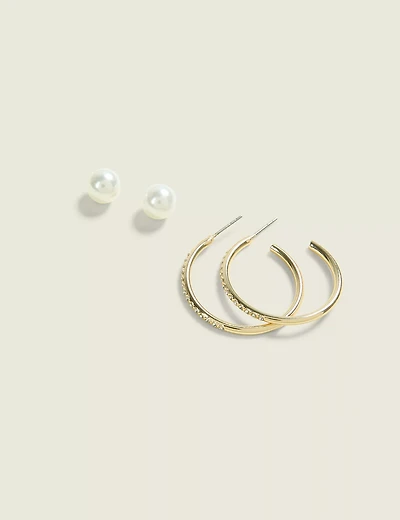 Gold Pearl & Hoop Earring Set