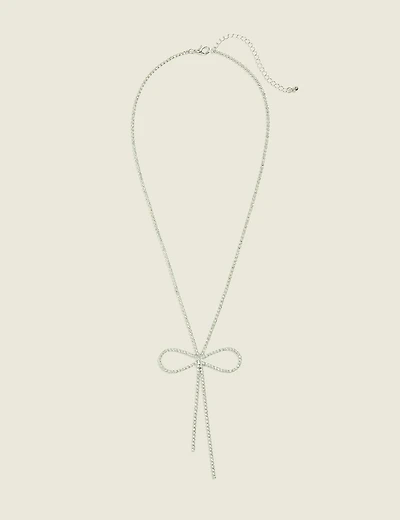 Silvertone Pave Bow Necklace