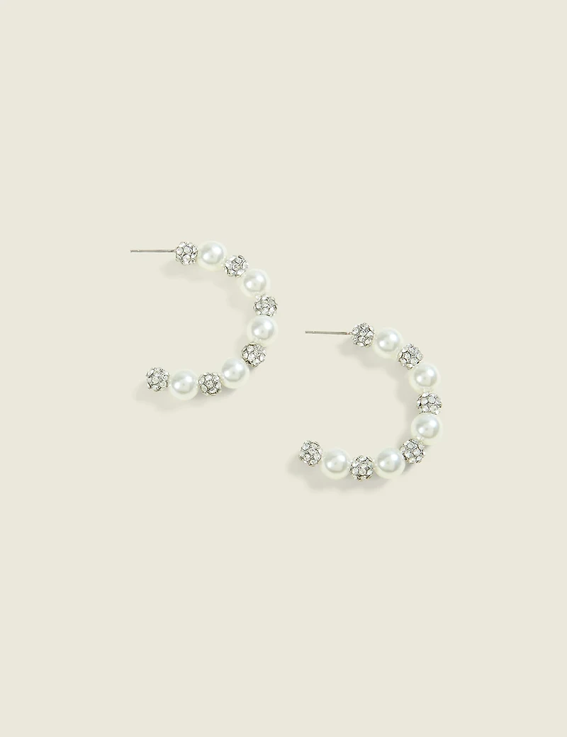 Silver Fireball & Pearl Hoop Earrin