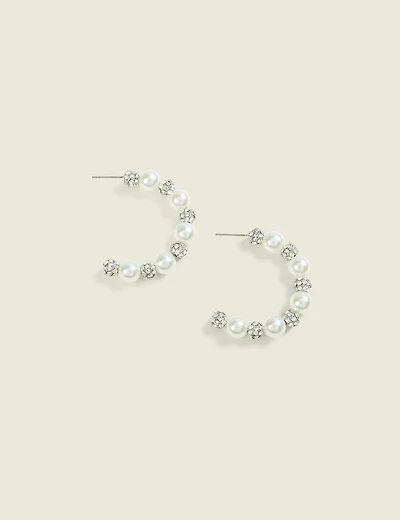 Silver Fireball & Pearl Hoop Earrin