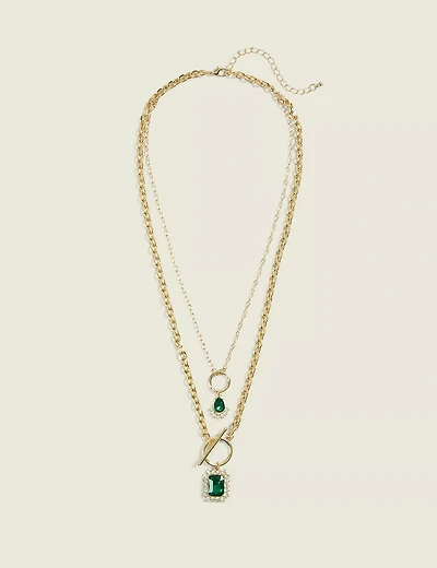 Green & Pave Multi Row Necklace