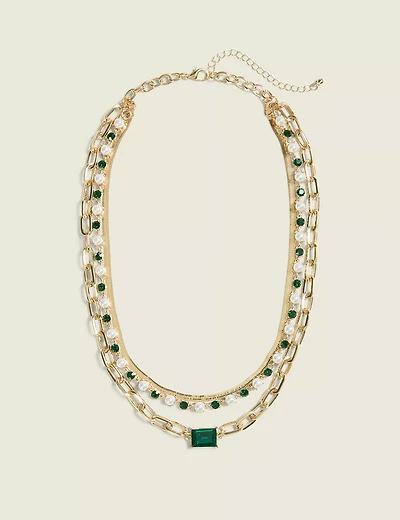 Green & Pearlized Multi-Row Necklace
