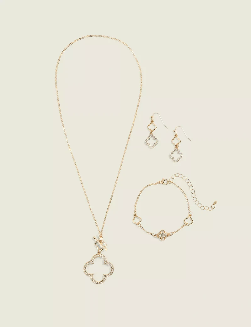 Goldtone Pave Clover Necklace, Bracelet & Earring Set