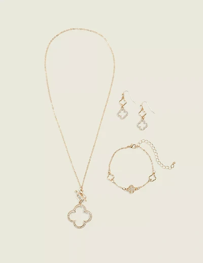Goldtone Pave Clover Necklace, Bracelet & Earring Set