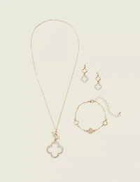 Goldtone Pave Clover Necklace, Bracelet & Earring Set