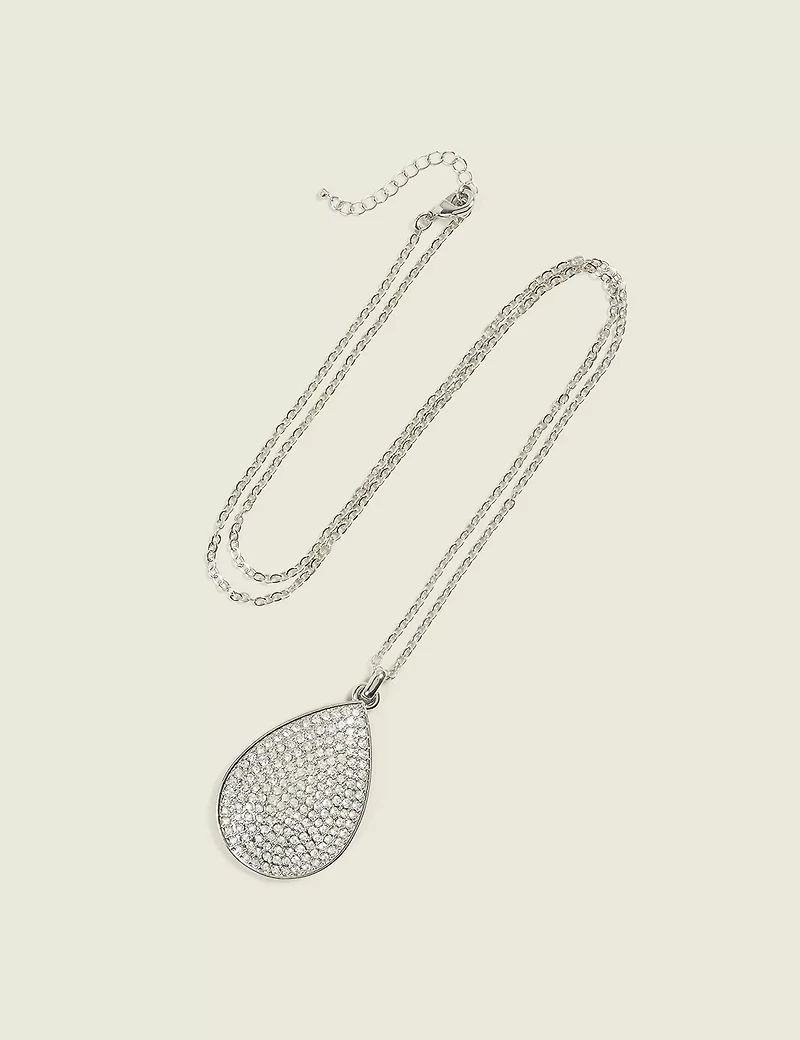 Silvertone Pave Teardrop Pendant Necklace
