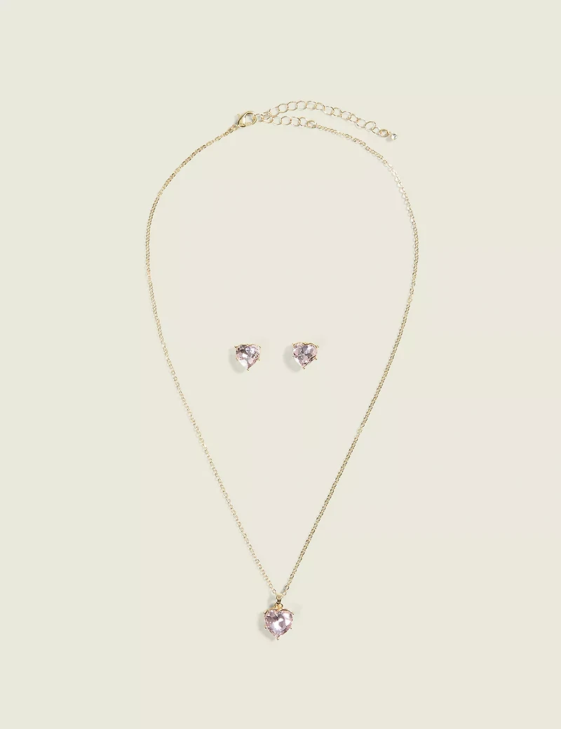 Pink Stone Heart Necklace & Earring Set