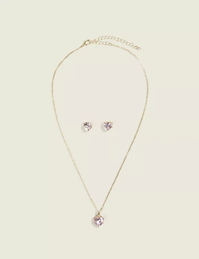 Pink Stone Heart Necklace & Earring Set