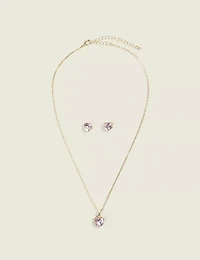 Pink Stone Heart Necklace & Earring Set
