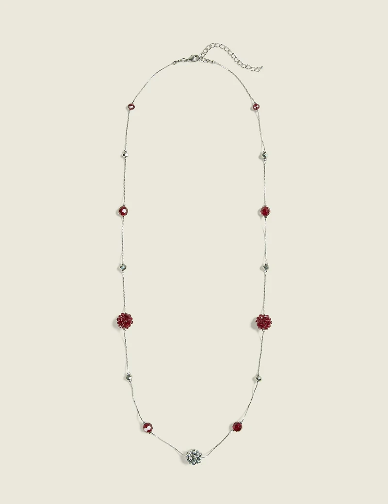 Silvertone & Burgundy Beaded Single Row Necklace