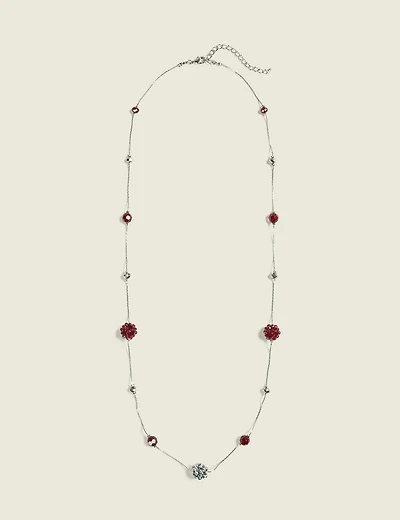 Silvertone & Burgundy Beaded Single Row Necklace