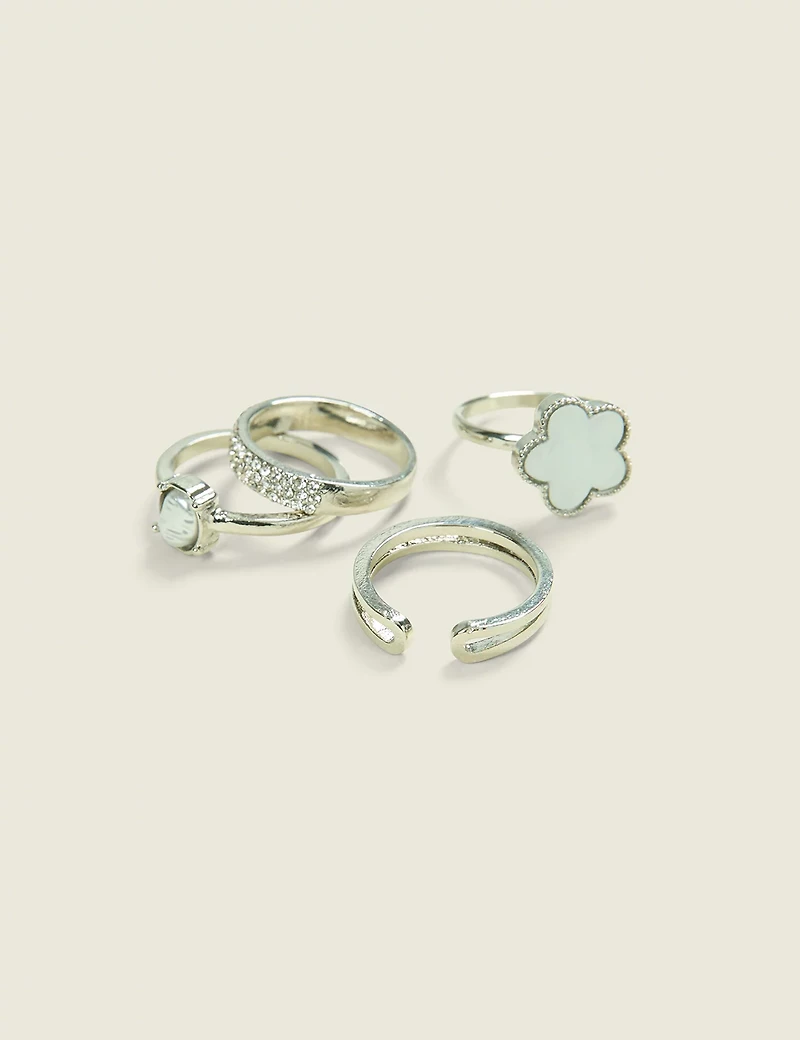 Silvertone Clover Ring Stack