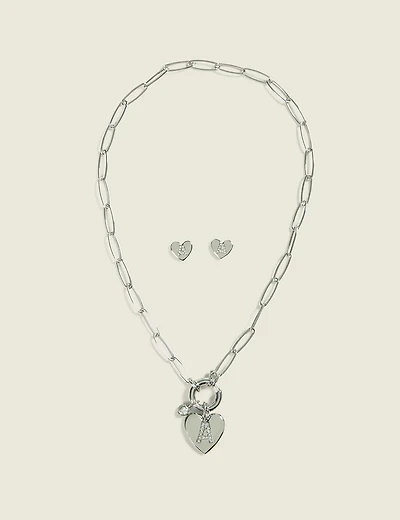 Silver Heart Initial Necklace & Earrings Set