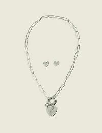 Silver Heart Initial Necklace & Earrings Set