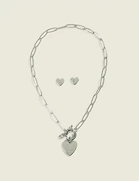 Silver Heart Initial Necklace & Earrings Set