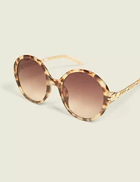Tortoiseshell Chain-Detail Round Sunglasses