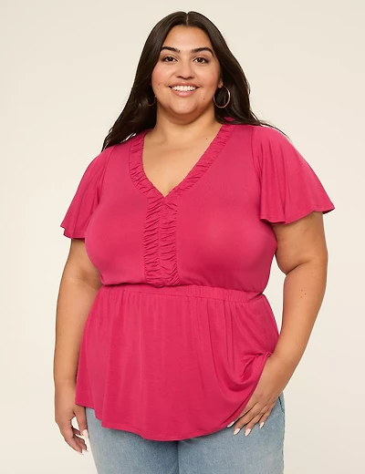 Short Flutter Sleeve V-Neck Top