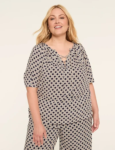 Raglan Sleeve Lace-Up Popover Blouse