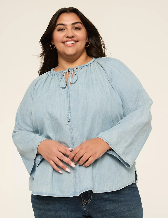 Split-Neck Bracelet Sleeve Denim Blouse