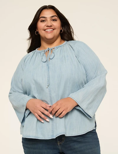 Split-Neck Bracelet Sleeve Denim Blouse