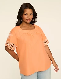 Flutter-Sleeve Embroidered Square-Neck Top