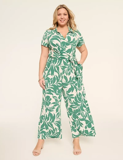 Popover Collar Tie-Waist Jersey Jumpsuit