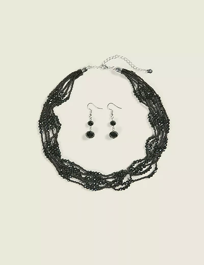 Black Beaded Multi Row Necklace/Ear