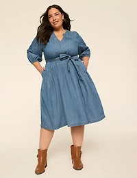 Split-Neck Tie-Waist Denim Dress