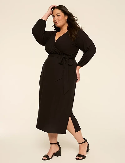 Long-Sleeve Wrap Midi Dress