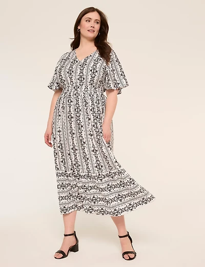 Short-Sleeve Smocked Waist Midi Dress