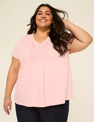 Short-Sleeve V-Neck Smocked Top