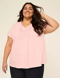 Short-Sleeve V-Neck Smocked Top