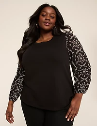 Long-Sleeve Eyelet Crew-Neck Top