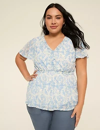 Short Flutter Sleeve V-Neck Shirred Top