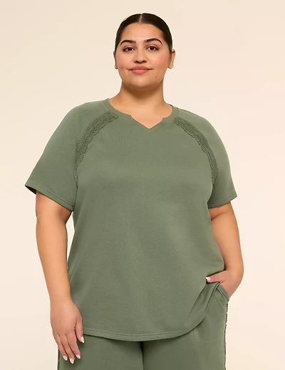 LIVI French Terry Elbow-Sleeve Crochet-Trim Sweatshirt