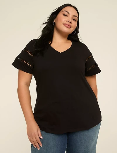 Short-Sleeve V-Neck Crochet Tee