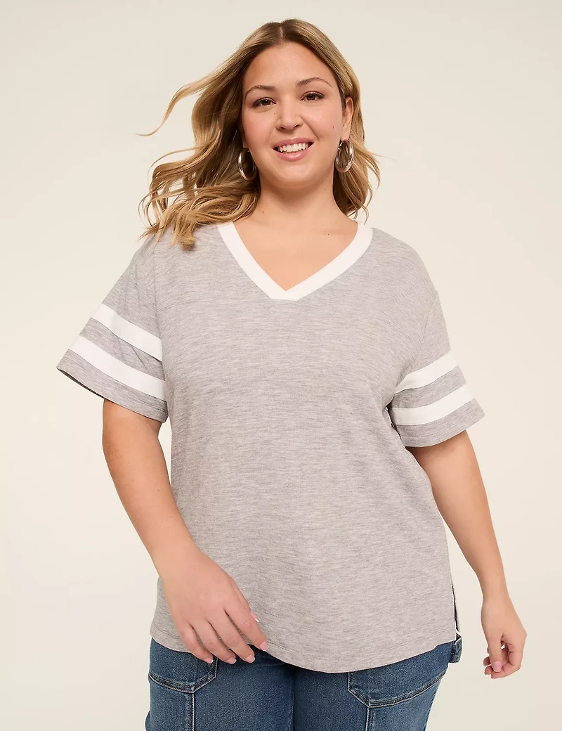 Short-Sleeve V-Neck Striped Tee