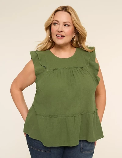 Ruffle Cap-Sleeve Popover Top