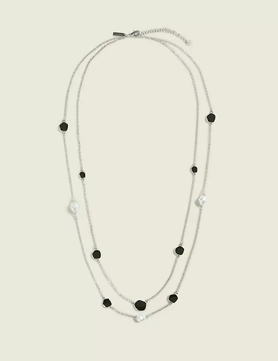 Black Gem & Pearl Multi Row Necklac