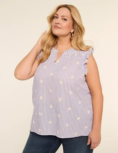 Embroidered Flower Flutter-Sleeve Top