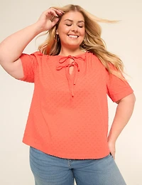 Short-Sleeve Tie-Neck Popover Blouse