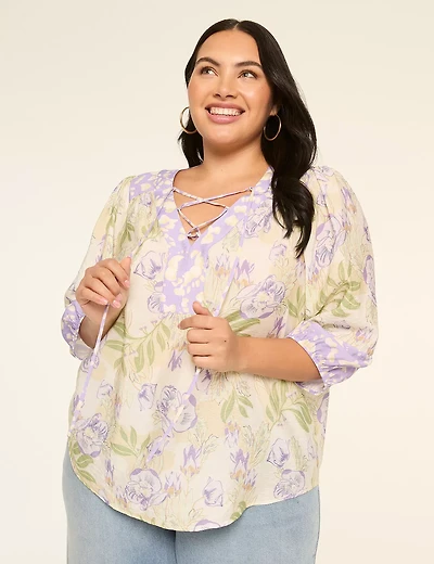 3/4-Sleeve Split-Neck Lace-Up Blouse