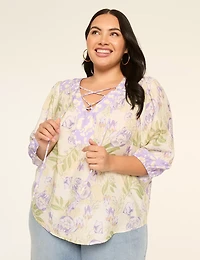 3/4-Sleeve Split-Neck Lace-Up Blouse