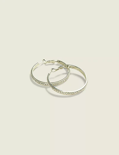 Silvertone Pave Hoop Earrings