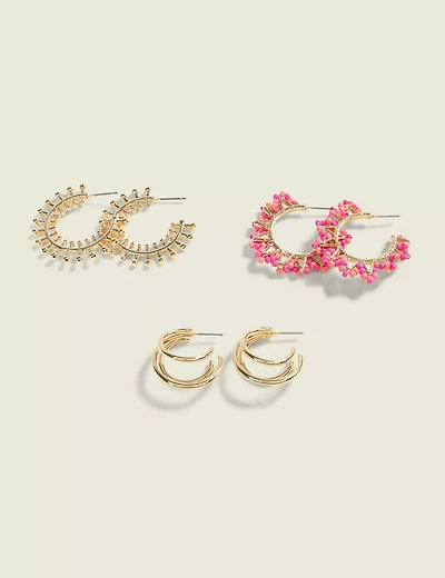 Gold & Beaded Pink Hoop 3-Pack Earrings