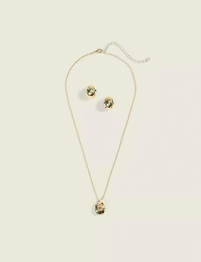 Abstract Multi-Color Stone Necklace & Earrings Set