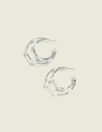 Silvertone & Pearl Hoop Earrings