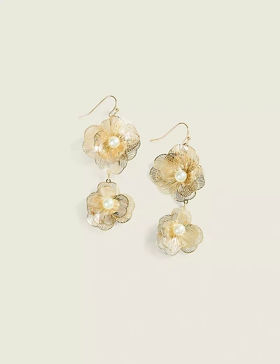 Gold Filagree Double Floral Drop Earrings