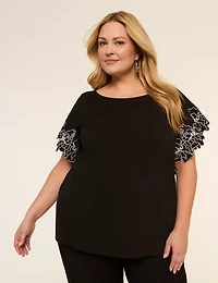 Embroidered Short-Sleeve Boat-Neck Top