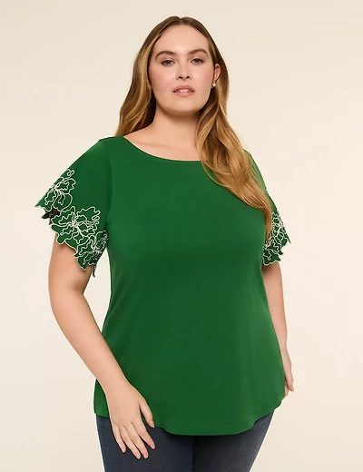 Embroidered Short-Sleeve Boat-Neck Top